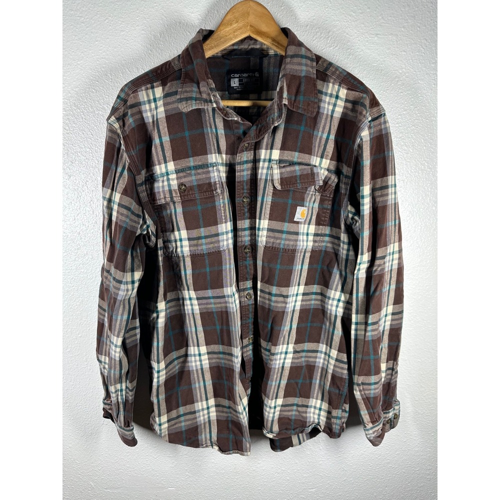 Carhartt Flannel Shirt Mens L Brown Plaid Loose Fit Long Sleeve Button Up 7003‎